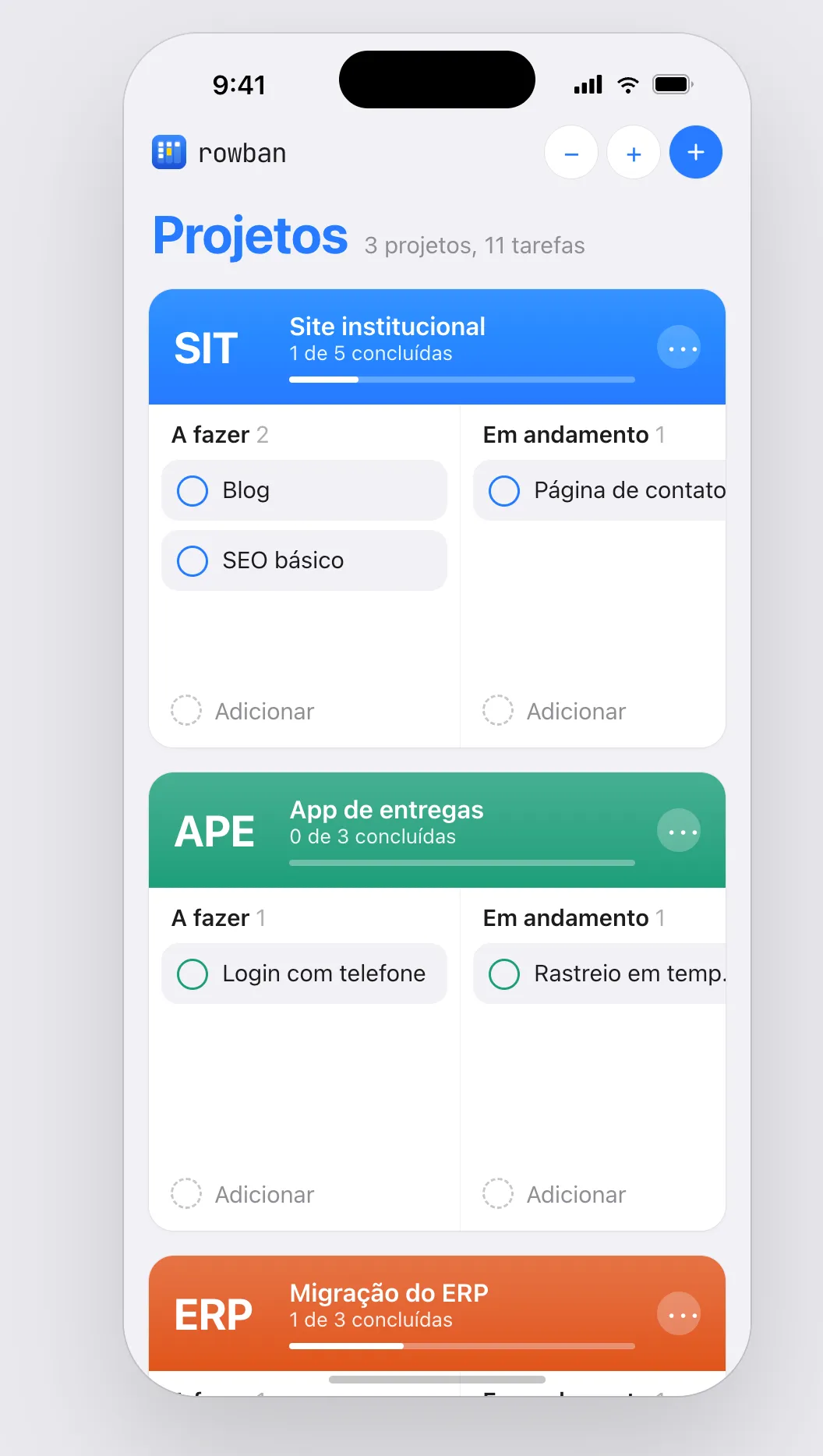 Rowban on iPhone with the Site institucional and App de entregas projects