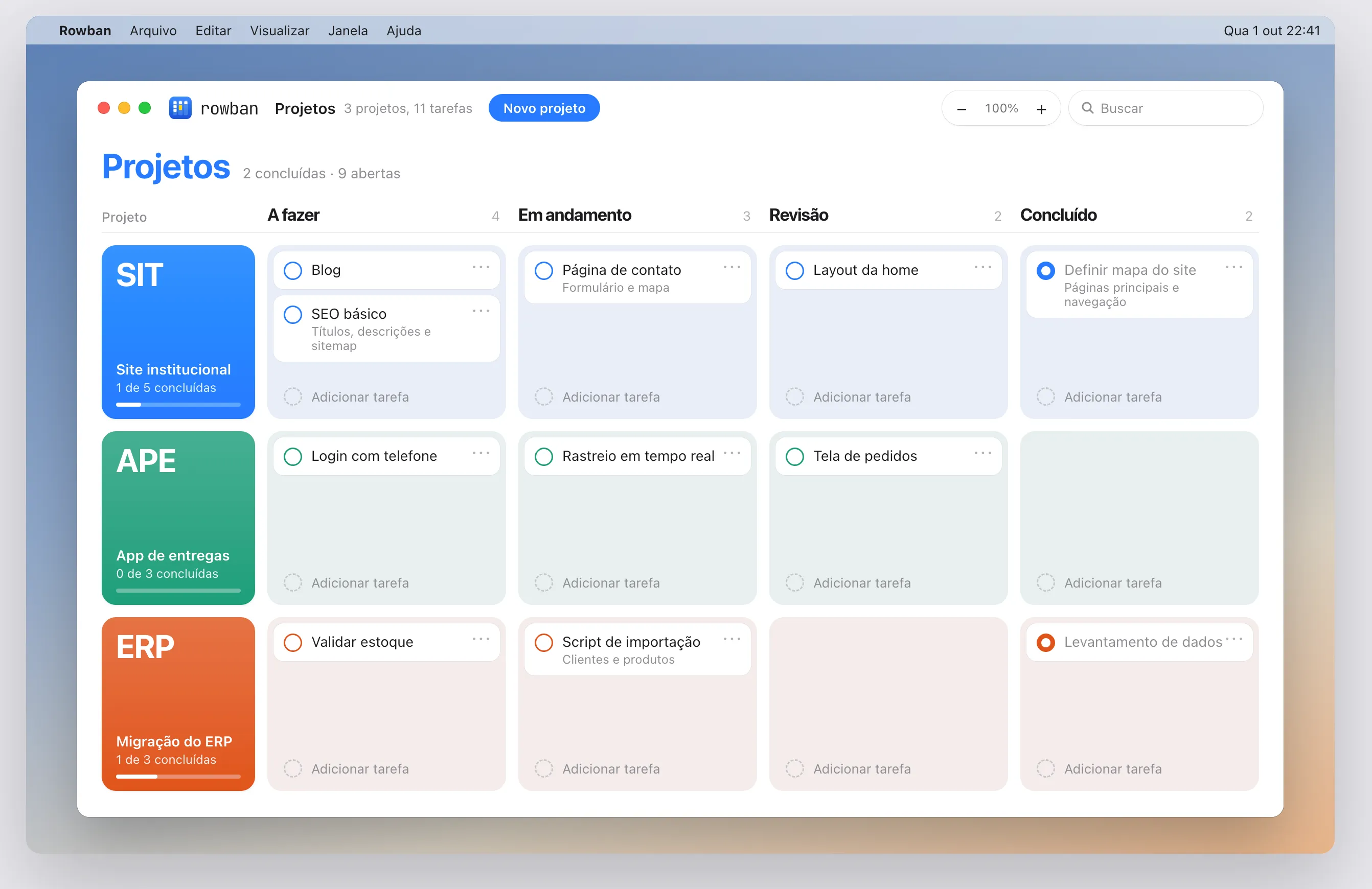 Rowban on Mac with three projects, one per row, across the To do, In progress, Review and Done columns