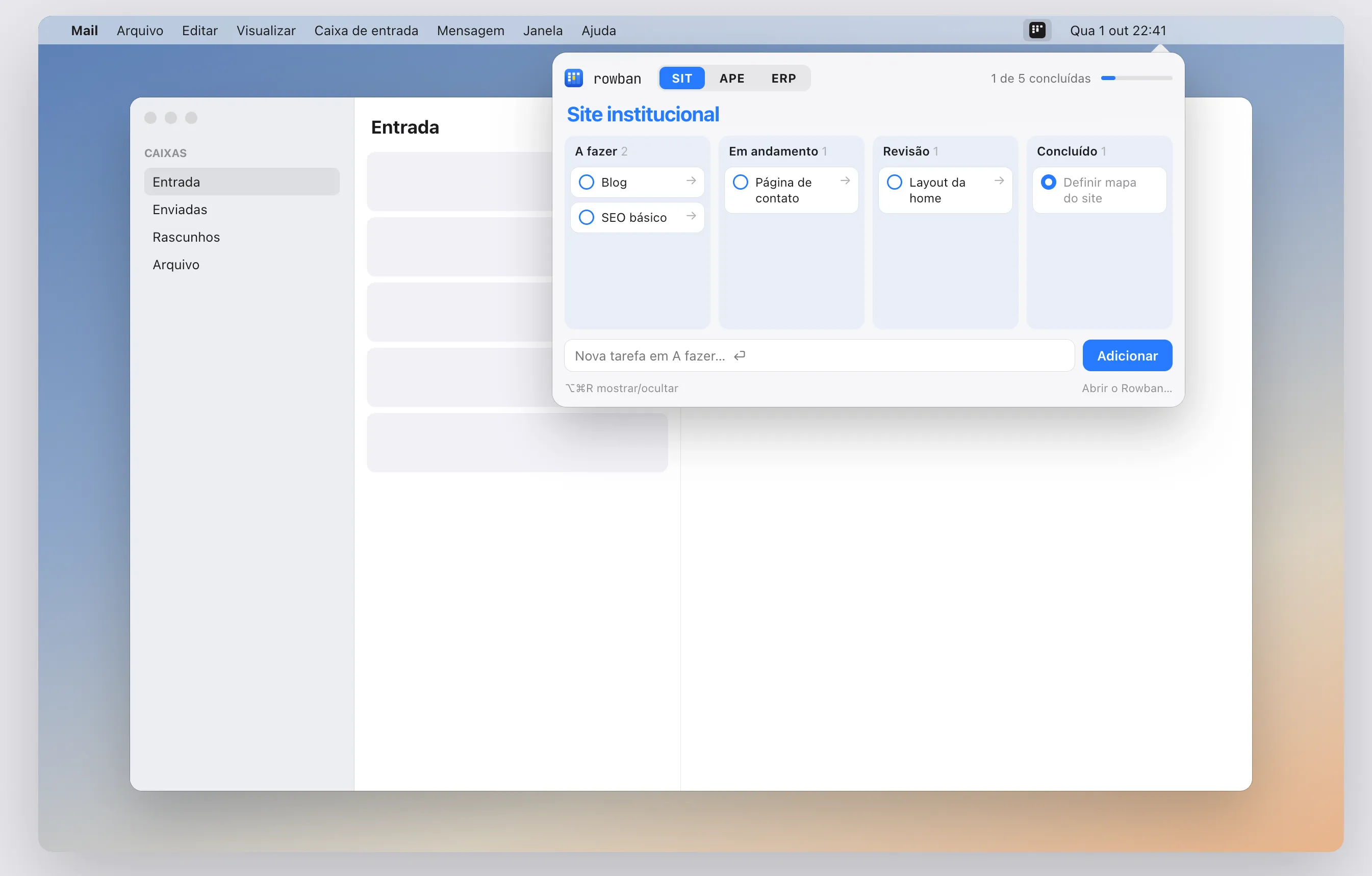 Rowban panel open in the Mac menu bar over Mail