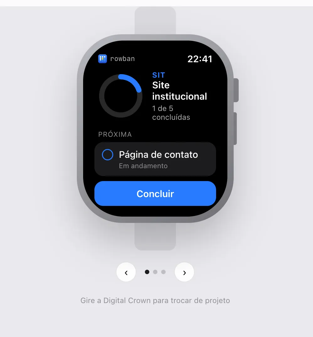 Rowban on Apple Watch showing the Site institucional project and the Complete button